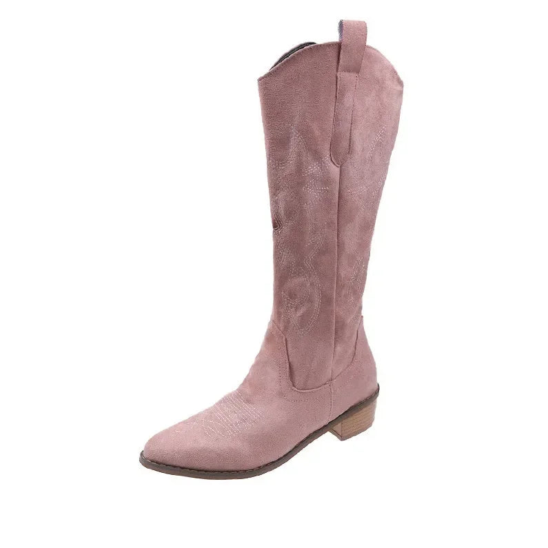 VougeVamp Women's Embroidered Western Cowboy Boots – High Knee PU Leather Boots with Thick Heel - VougeVampUK