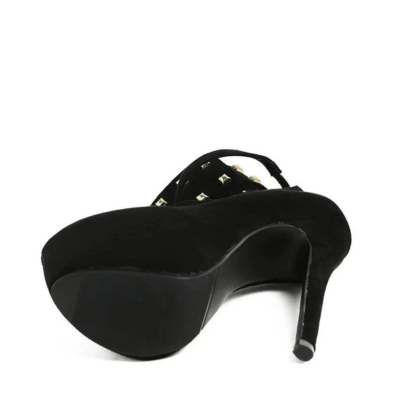 VougeVamp Women’s Metal Rivet Ankle Hook Strap Platform Pumps – Solid Black Round Toe High Heels