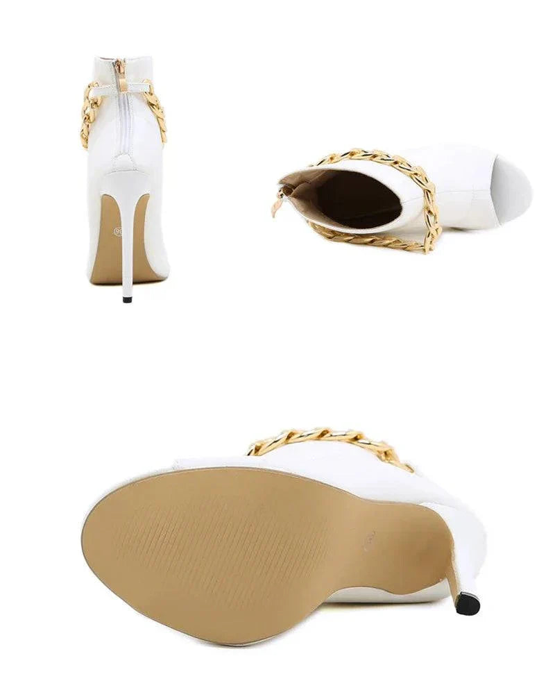 VougeVamp White Leather Ankle Sandal Boots - Peep Toe High Heel Pumps with Metal Chain