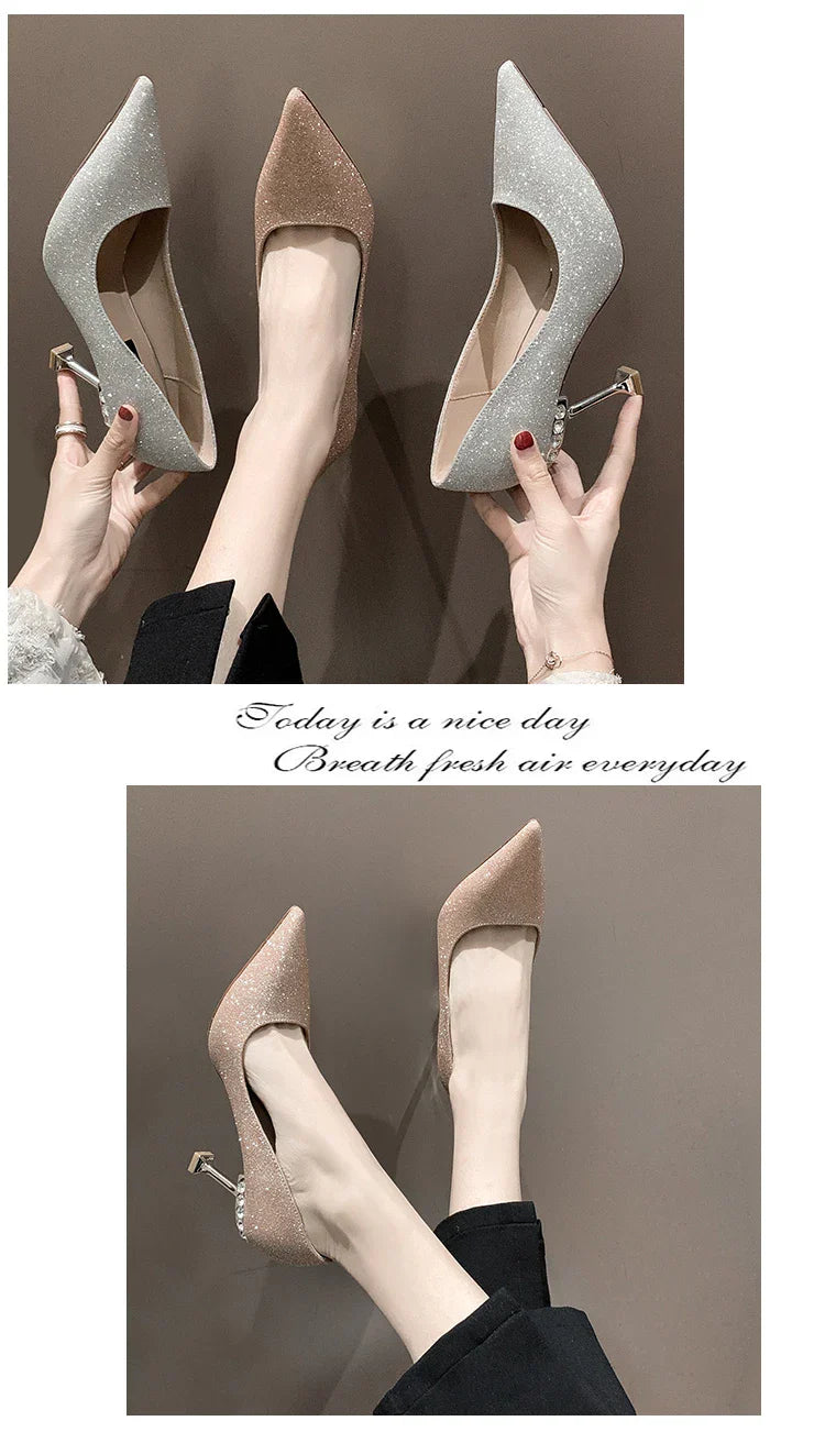 VougeVamp Elegant Stiletto Heels – Nude & Metallic Pointed Toe Dress Shoes with Pearl Detail for Bridal, Party & Special Occasions