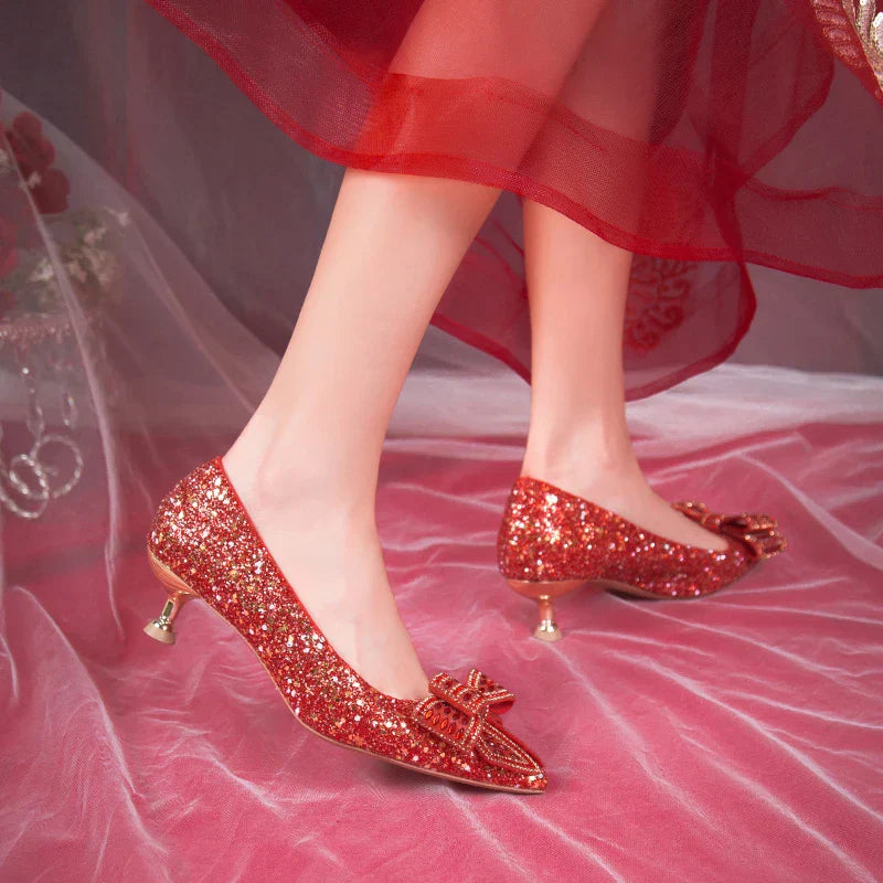 VougeVamp Handmade Crystal Bow Bridal Pumps – Glitter High Heels for Weddings & Parties