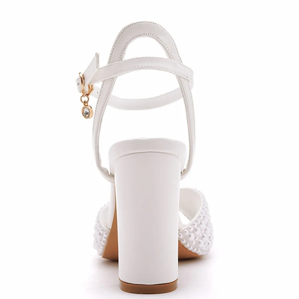 Handmade Designer Pearl-Embellished Thick Square Heel Fish Mouth Sandals for Brides, Wedding Shoes