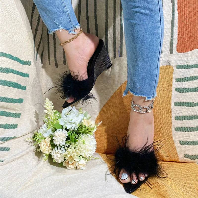 VougeVamp Blue Fluffy Feather Wedge Slippers - Pointed Toe High Heel Summer Sandals for Women