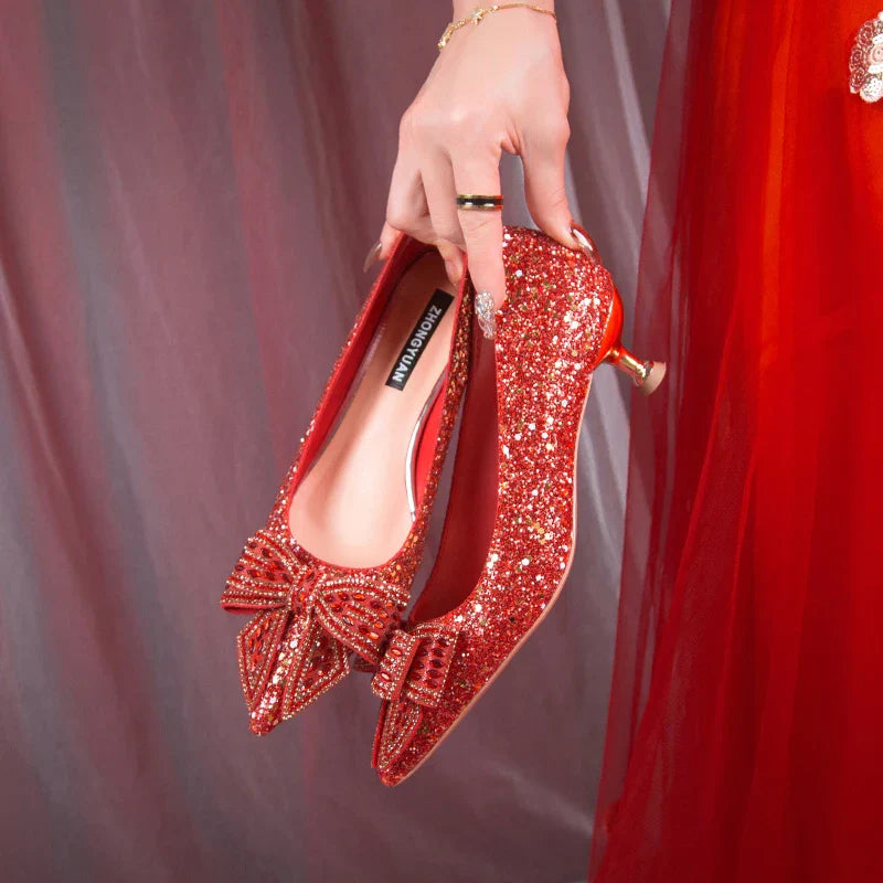 VougeVamp Handmade Crystal Bow Bridal Pumps – Glitter High Heels for Weddings & Parties