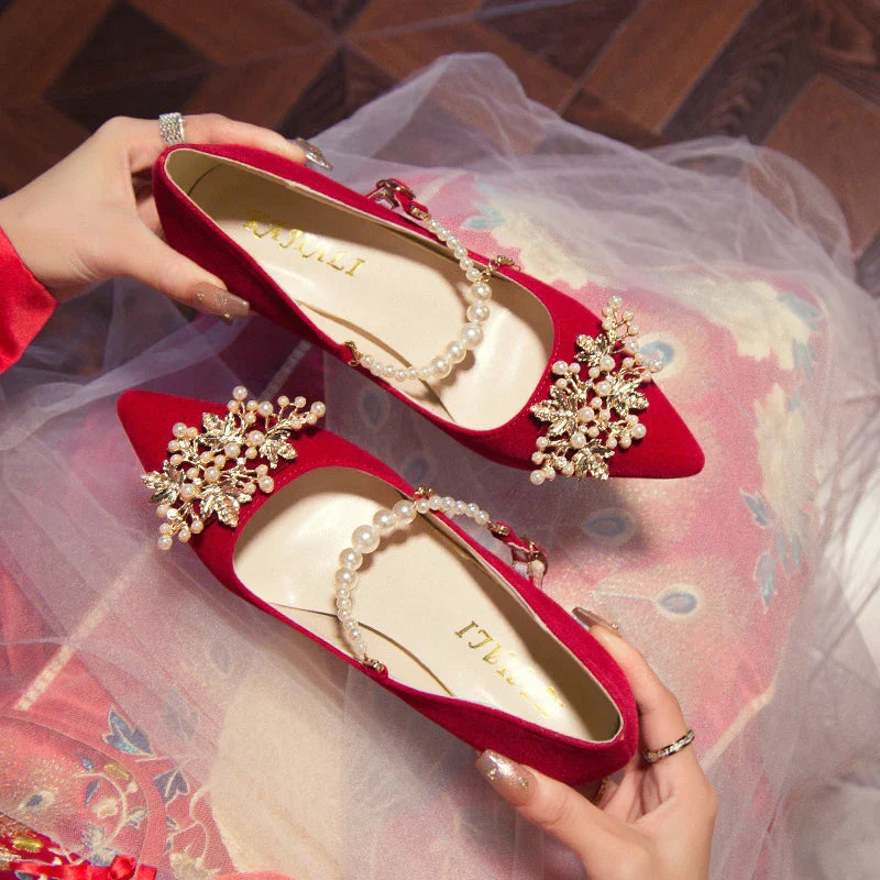 Women's Suede Pointed Toe High Heels – Elegant Embroidered Bridal & Banquet Pumps with Metal Detail