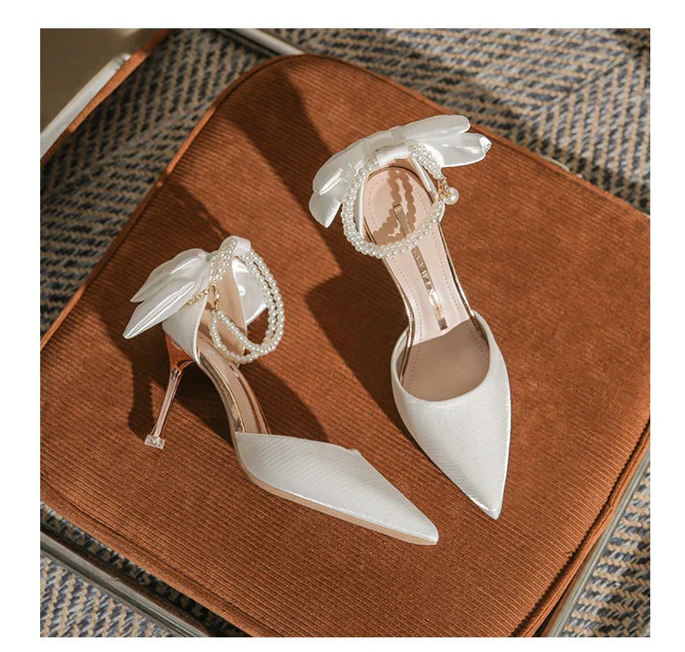 VougeVamp Pearl Butterfly High Heels – Elegant Pointed Toe Hollow Sandals for Weddings & Special Occasions