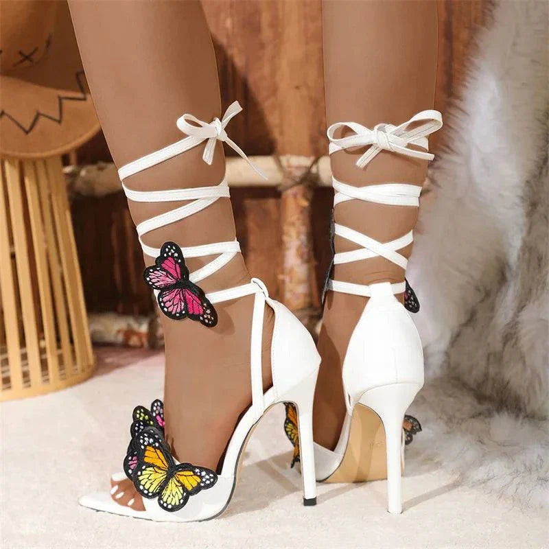 VougeVamp Embroidered Butterfly Ankle Strap Sandals - Pointed Toe High Heel Party Shoes for Women