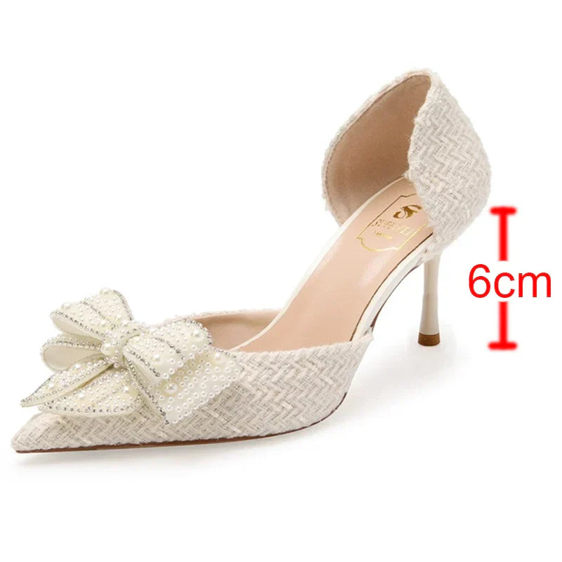 VougeVamp Bling Crystal Bow Thin Heel Pumps – Elegant D'Orsay Bridal & Party Shoes