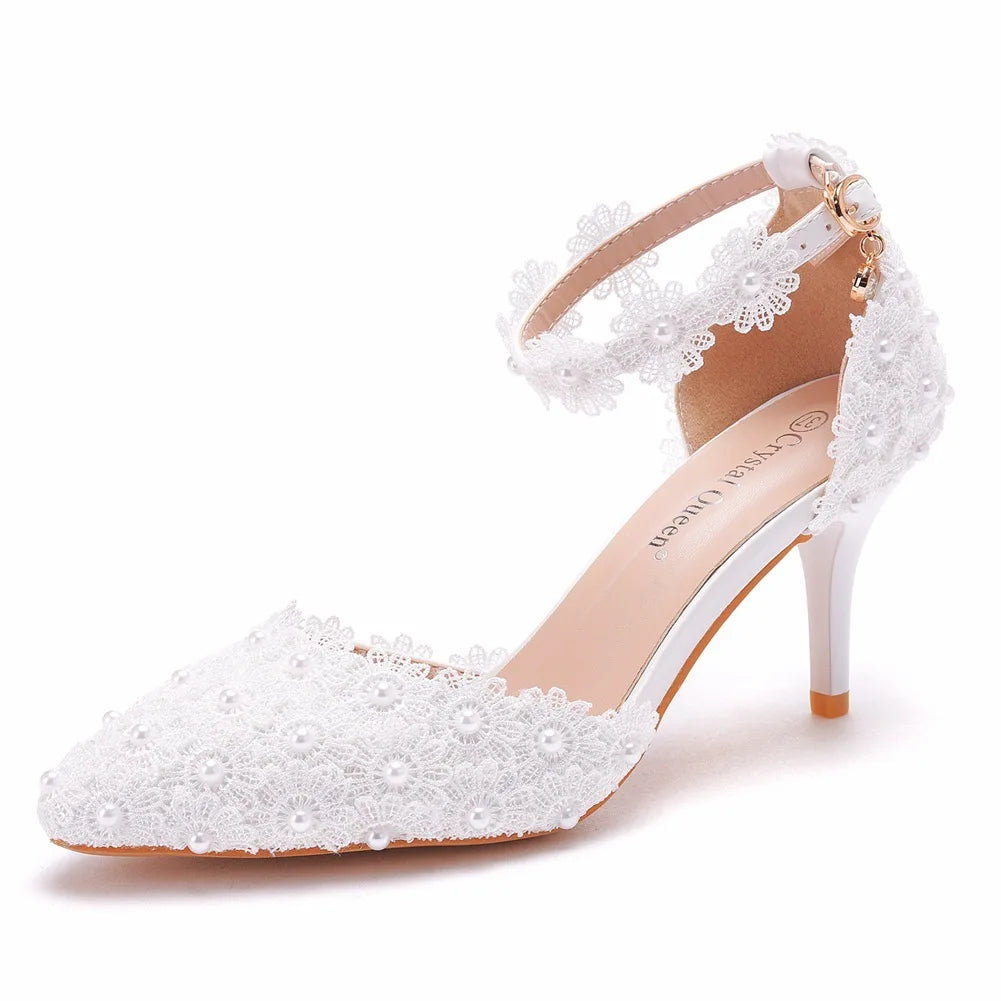 VougeVamp Women's Rhinestone Lace Wedding Heels – Elegant White Bridal Ankle Strap Pumps