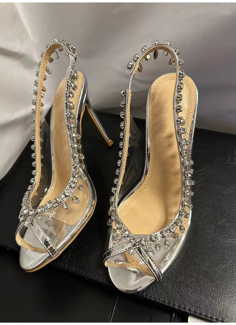 VougeVamp Luxury Crystal Tassel Slingback Pumps – Transparent PVC Peep-Toe High Heels for Weddings & Parties - VougeVampUK