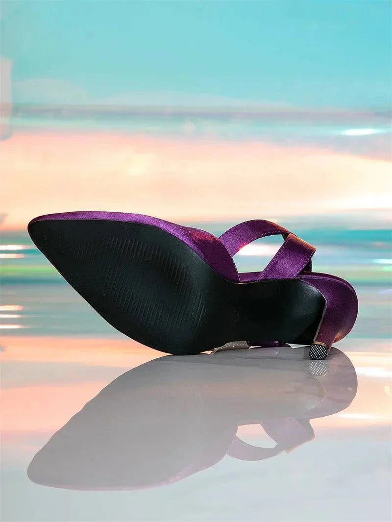 VougeVamp Rhinestone Buckle Ankle Strap Pumps - Pointed Toe Purple High Heel Party Shoes for Women