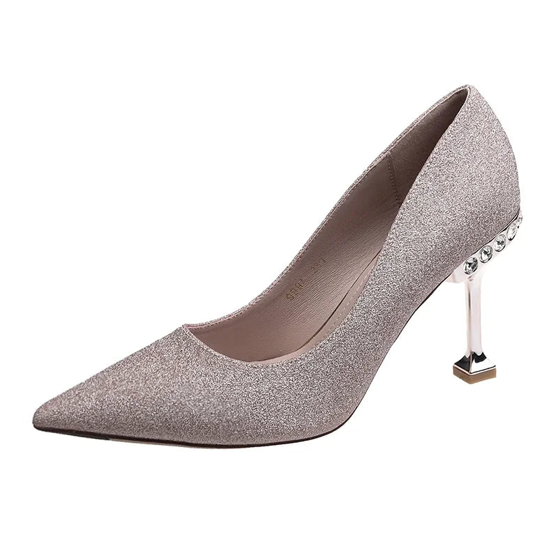 VougeVamp Elegant Stiletto Heels – Nude & Metallic Pointed Toe Dress Shoes with Pearl Detail for Bridal, Party & Special Occasions