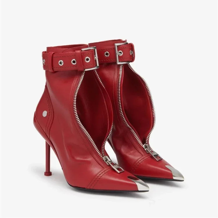 Handmade Women's Red High-Heeled Ankle Boots with Belt Buckle, Front Zipper, Pointed Toe, and Metallic Accent - VougeVampUK