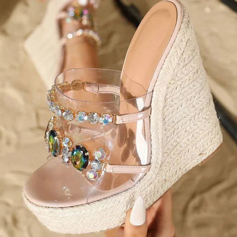 VougeVamp Transparent PVC Wedge Slippers - Crystal Chain Open Toe Platform High Heel Sandals for Women