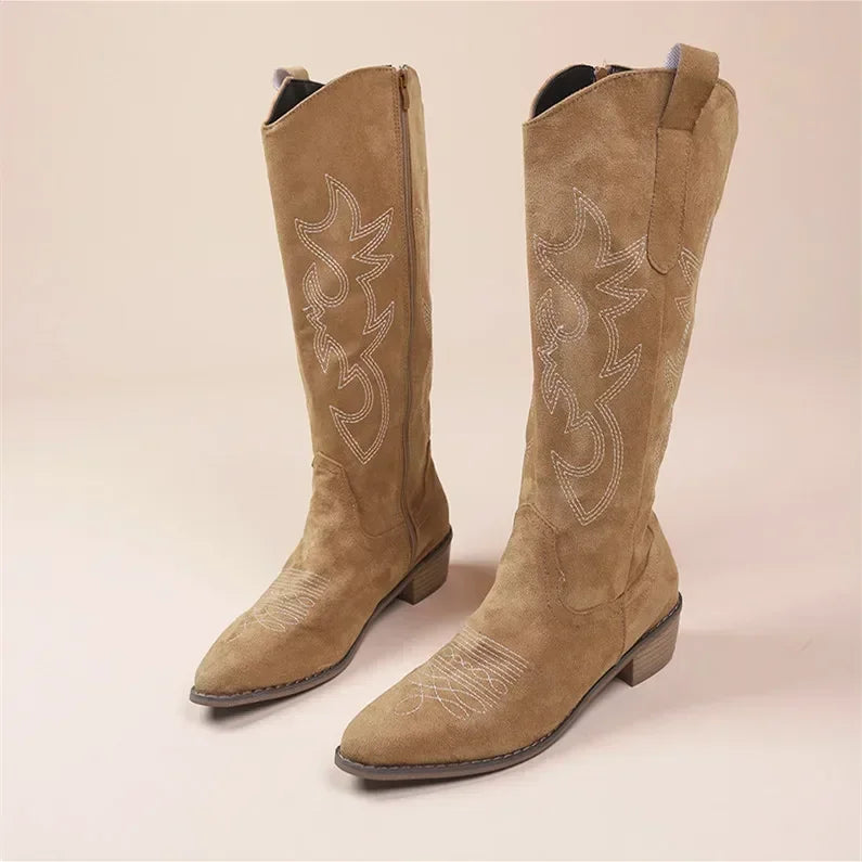 VougeVamp Women's Embroidered Western Cowboy Boots – High Knee PU Leather Boots with Thick Heel - VougeVampUK