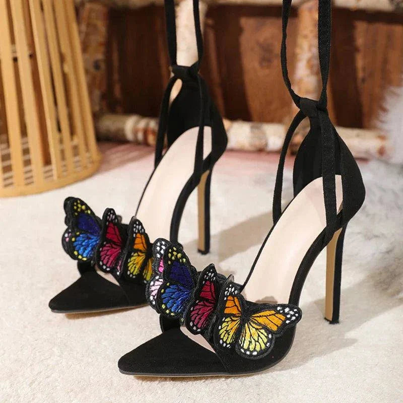 VougeVamp Embroidered Butterfly Ankle Strap Sandals - Pointed Toe High Heel Party Shoes for Women