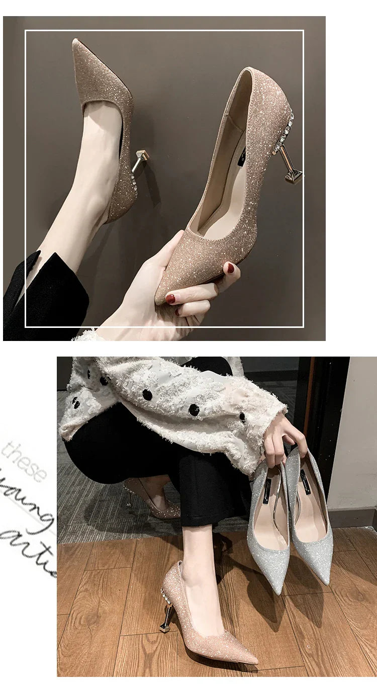 VougeVamp Elegant Stiletto Heels – Nude & Metallic Pointed Toe Dress Shoes with Pearl Detail for Bridal, Party & Special Occasions