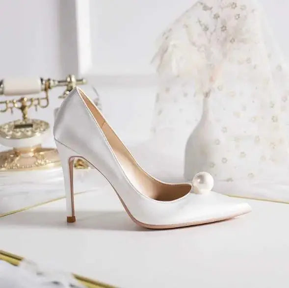 VougeVamp Women's Pearl Pointed Toe Stiletto Heels – Elegant Bridal & Wedding Pumps