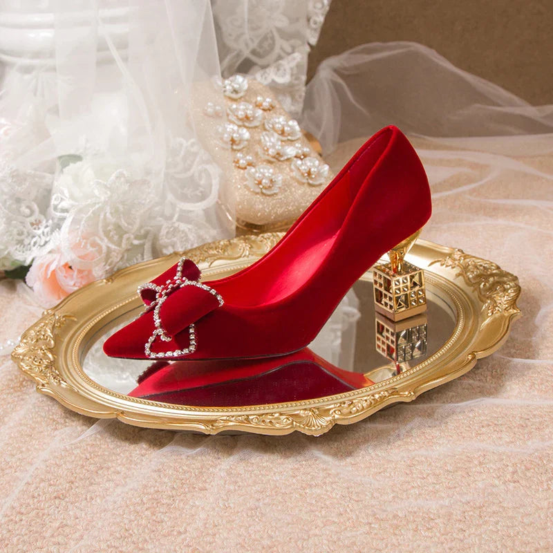 VougeVamp Red Bowtie Crystal High Heel Pumps – Elegant Slip-On Bridal & Party Shoes