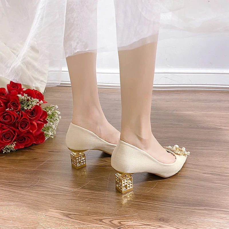Women's High Heels Pointed Toe with Shaped Heel and Square Buckle, 5cm-7cm Wedding and Banquet Shoes
