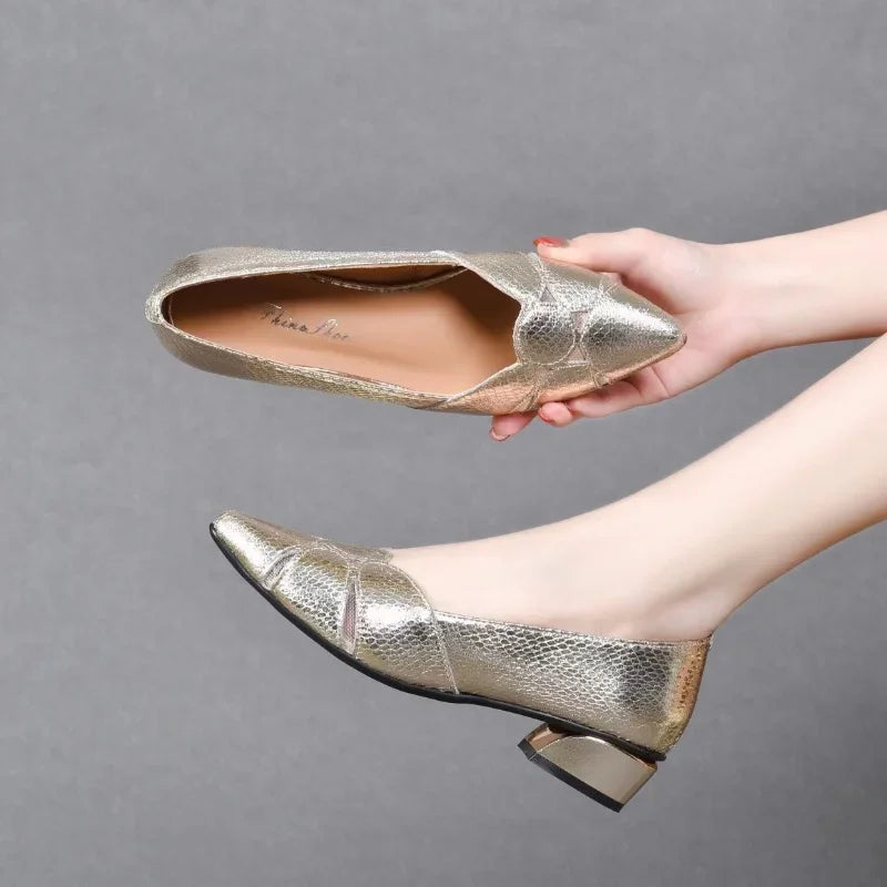 VougeVamp Women's Elegant Gold Heel Pumps – Pointed Toe Leather Bridal & Wedding Sandals