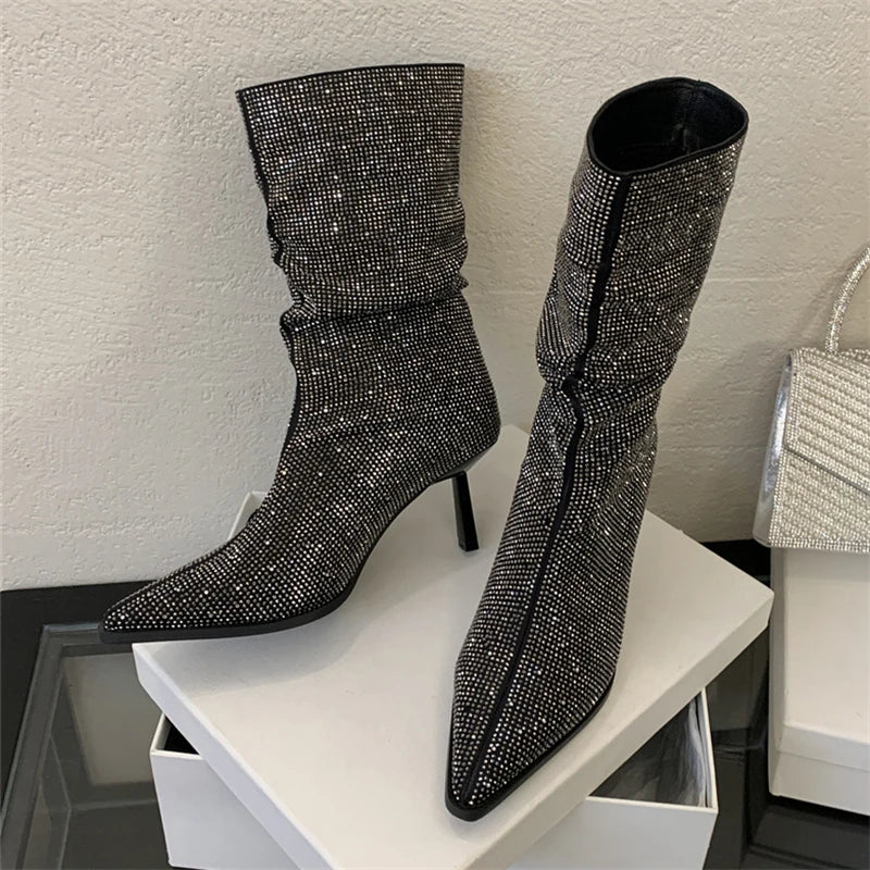 Handmade Rhinestone-Embellished Pointed Toe Ankle Boots for Women - Sexy Thin High Heels Booties - VougeVampUK