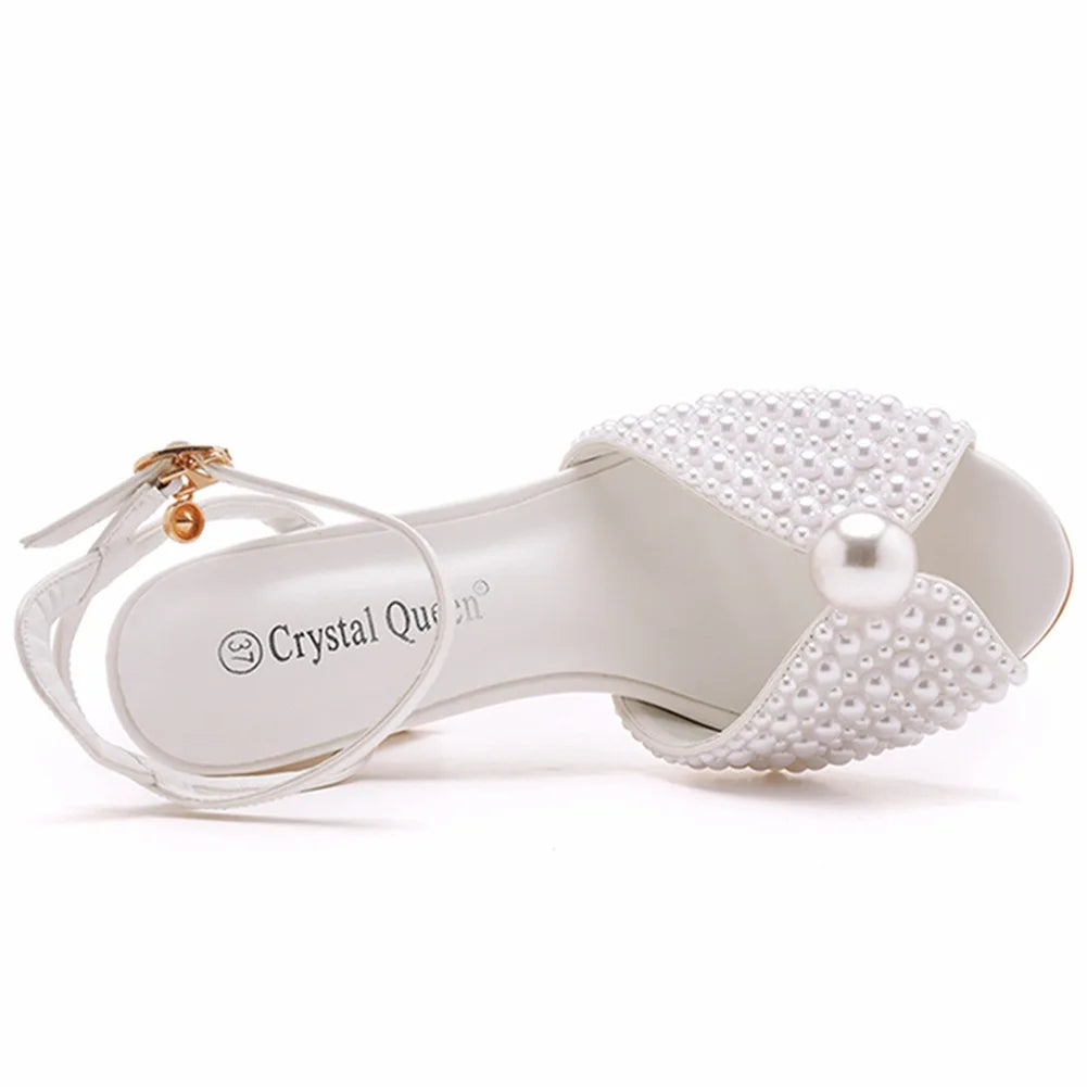 Handmade Designer Pearl-Embellished Thick Square Heel Fish Mouth Sandals for Brides, Wedding Shoes
