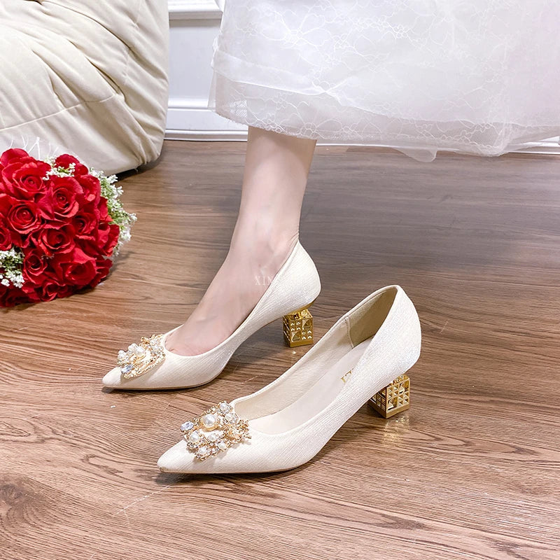 Women's High Heels Pointed Toe with Shaped Heel and Square Buckle, 5cm-7cm Wedding and Banquet Shoes
