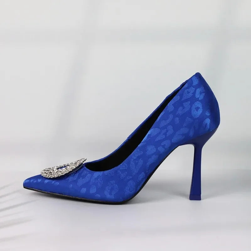 Elegant Satin Pointed Toe Heels with Diamond Circle Detail - High-Quality Bridal & Evening Pumps