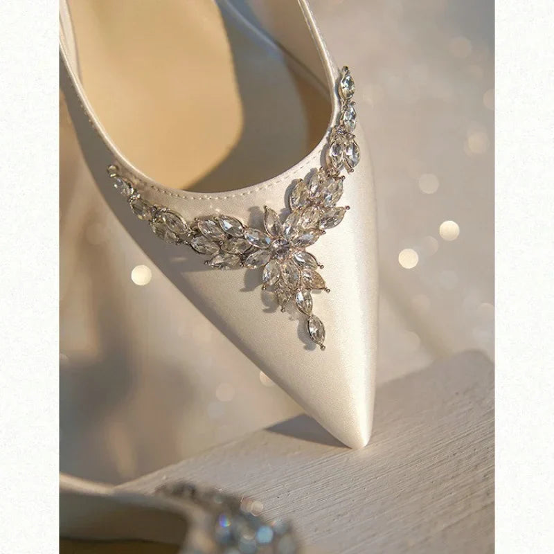 VougeVamp White Silk Satin Bridal Heels – Rhinestone Crystal Stiletto Pumps for Weddings