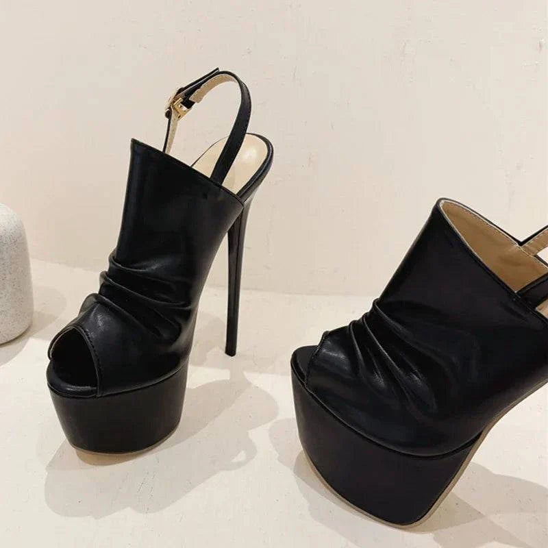 VougeVamp Black Pleated Platform Sandals - Peep Toe High Heel Party Shoes for Women