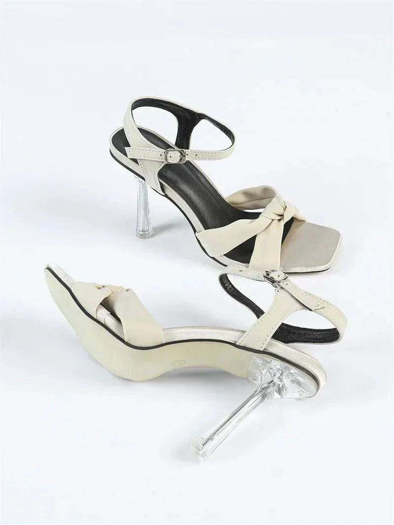 VougeVamp Pleated Silk Transparent Sandals - Square Toe High Heel Ankle Strap Shoes for Women