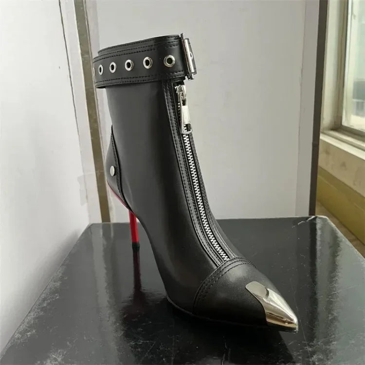 Handmade Women's Red High-Heeled Ankle Boots with Belt Buckle, Front Zipper, Pointed Toe, and Metallic Accent - VougeVampUK