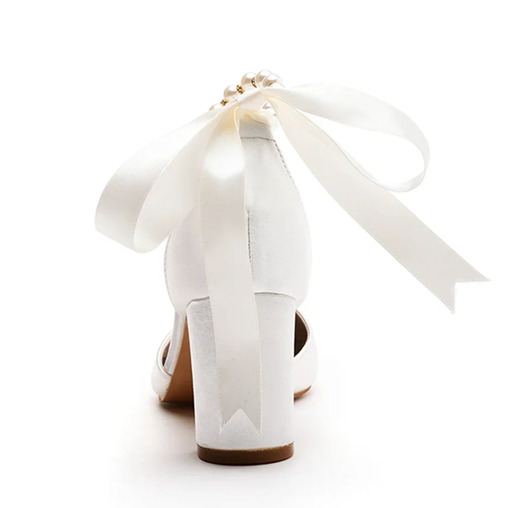 VougeVamp Handmade Silk Beaded Bridal Pumps – Pointed Toe Buckle Strap Sandals with Thick High Heels