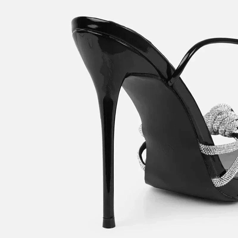 VougeVamp Silver Crystal Narrow Band Sandals - Open Toe High Heel Party Shoes for Women
