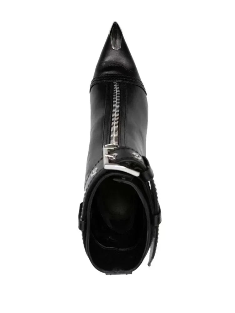 Handmade Women's Red High-Heeled Ankle Boots with Belt Buckle, Front Zipper, Pointed Toe, and Metallic Accent - VougeVampUK