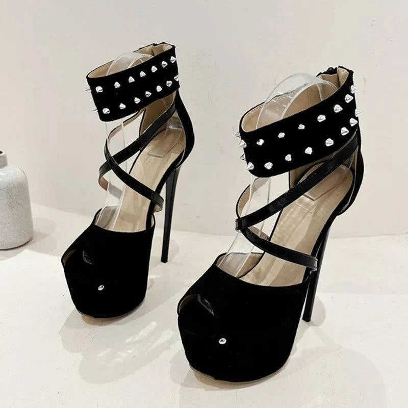 VougeVamp Women’s Metal Rivet Ankle Zip Platform Pumps – Sexy Peep-Toe High Heels for Parties and Pole Dancing
