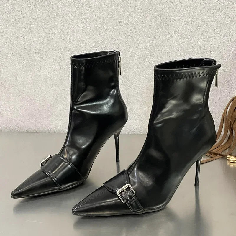 Handmade Slim-Fit Pointed Toe Women’s Ankle Boots with Zipper and Belt Buckle, Thin High Heels