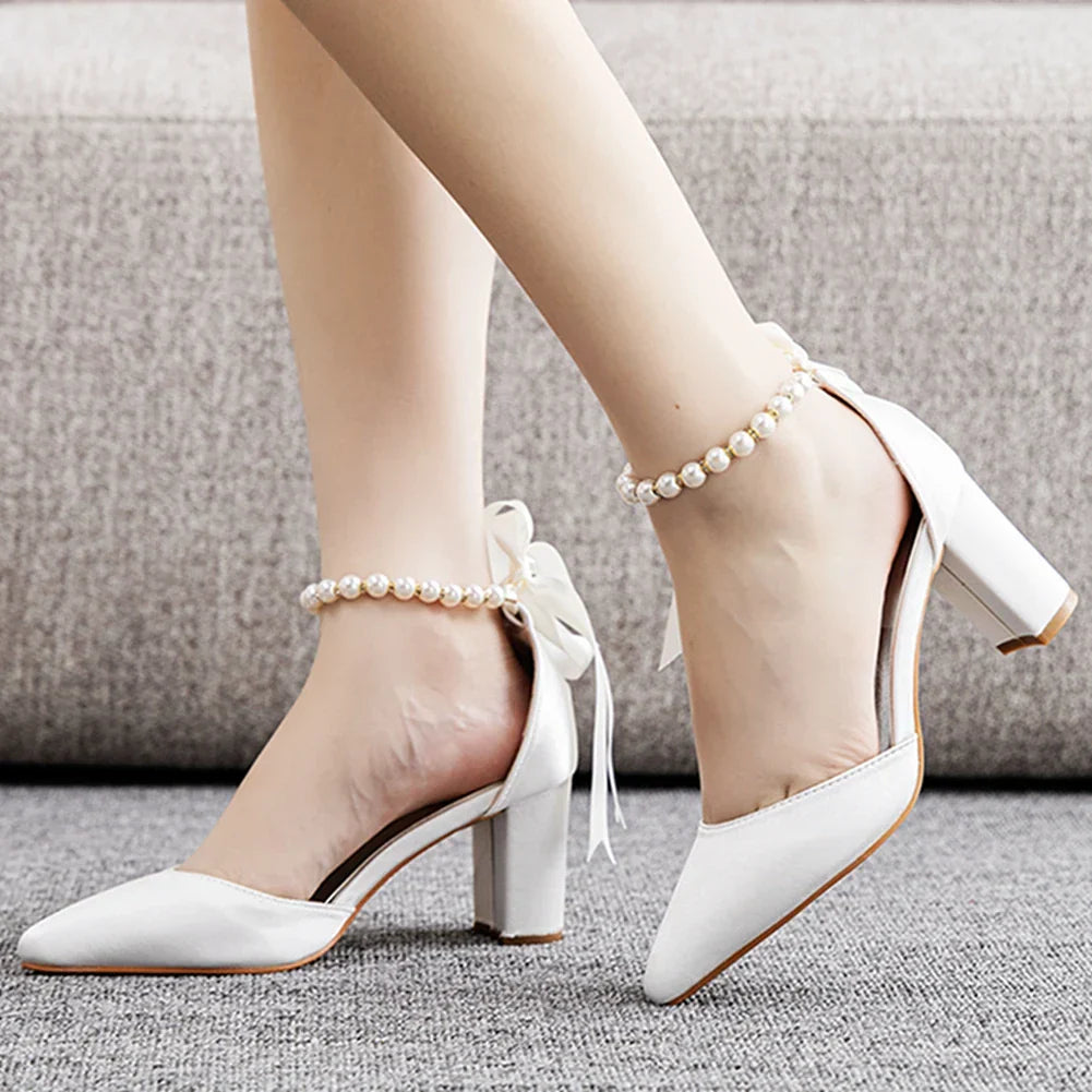 VougeVamp Handmade Silk Beaded Bridal Pumps – Pointed Toe Buckle Strap Sandals with Thick High Heels