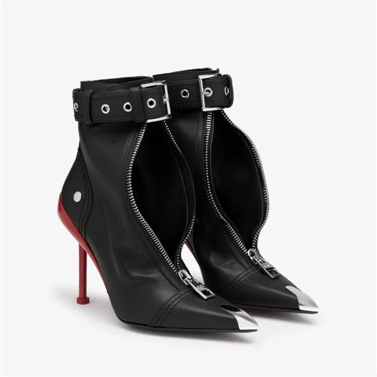 Handmade Women's Red High-Heeled Ankle Boots with Belt Buckle, Front Zipper, Pointed Toe, and Metallic Accent - VougeVampUK
