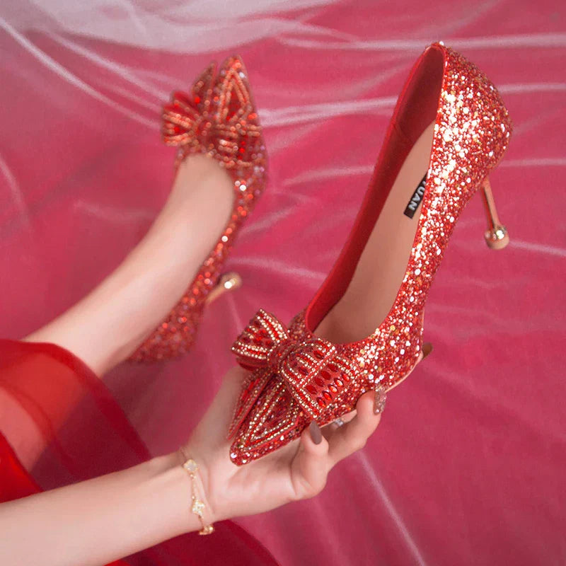 VougeVamp Handmade Crystal Bow Bridal Pumps – Glitter High Heels for Weddings & Parties