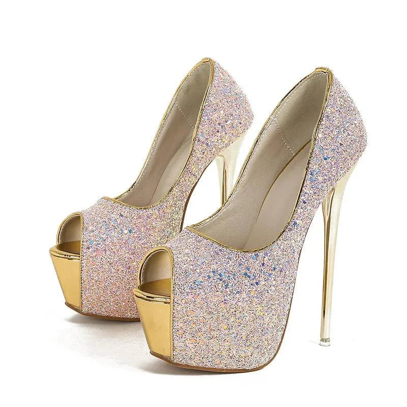 VougeVamp Women’s Sequined Peep-Toe Platform Pumps – Extreme High Heels for Parties, Nightclubs, and Weddings