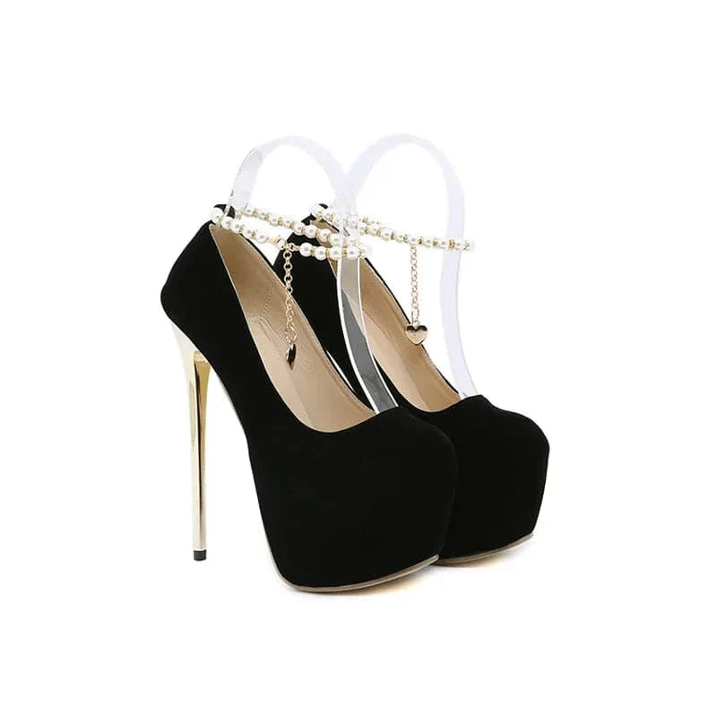 VougeVamp Black String Bead Platform Pumps - 16CM High Heel Ankle Strap Party Shoes for Women