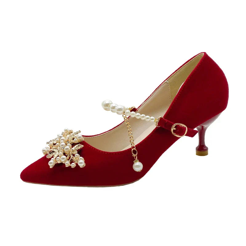 Women's Suede Pointed Toe High Heels – Elegant Embroidered Bridal & Banquet Pumps with Metal Detail