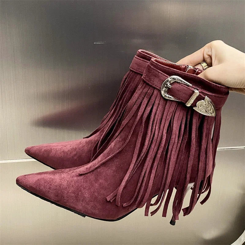 Tassel Belt Buckle Women’s Ankle Boots with Pointed Toe and Thin Heels, Fashionable Zipper Design - VougeVampUK