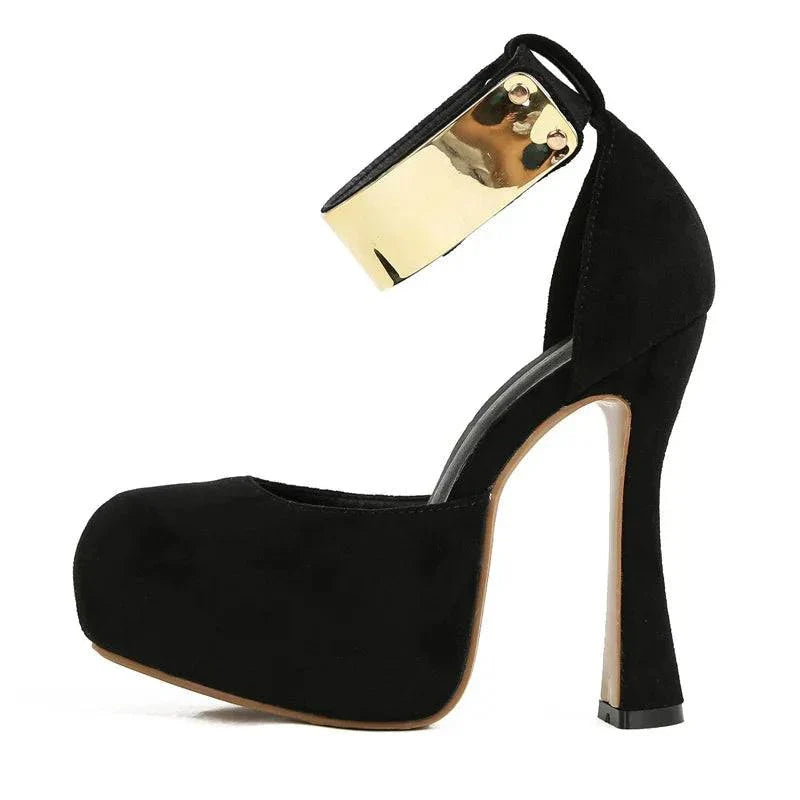 VougeVamp Women’s Metal Ankle Strap Platform Pumps – Sexy 13CM Strange High Heels for Parties and Proms