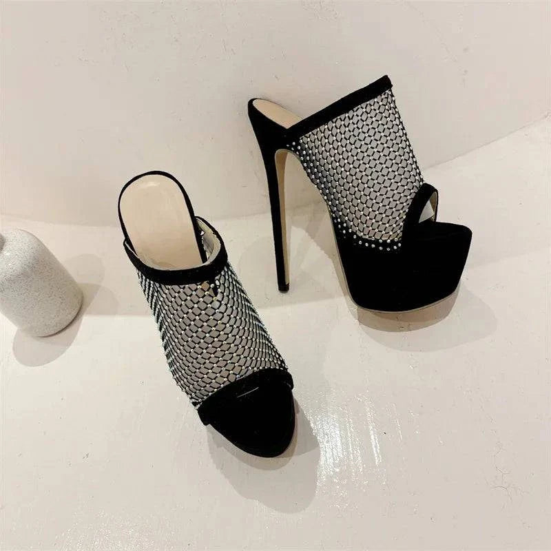 VougeVamp Crystal Mesh Platform Slippers - Peep Toe High Heel Party Shoes for Women in Black