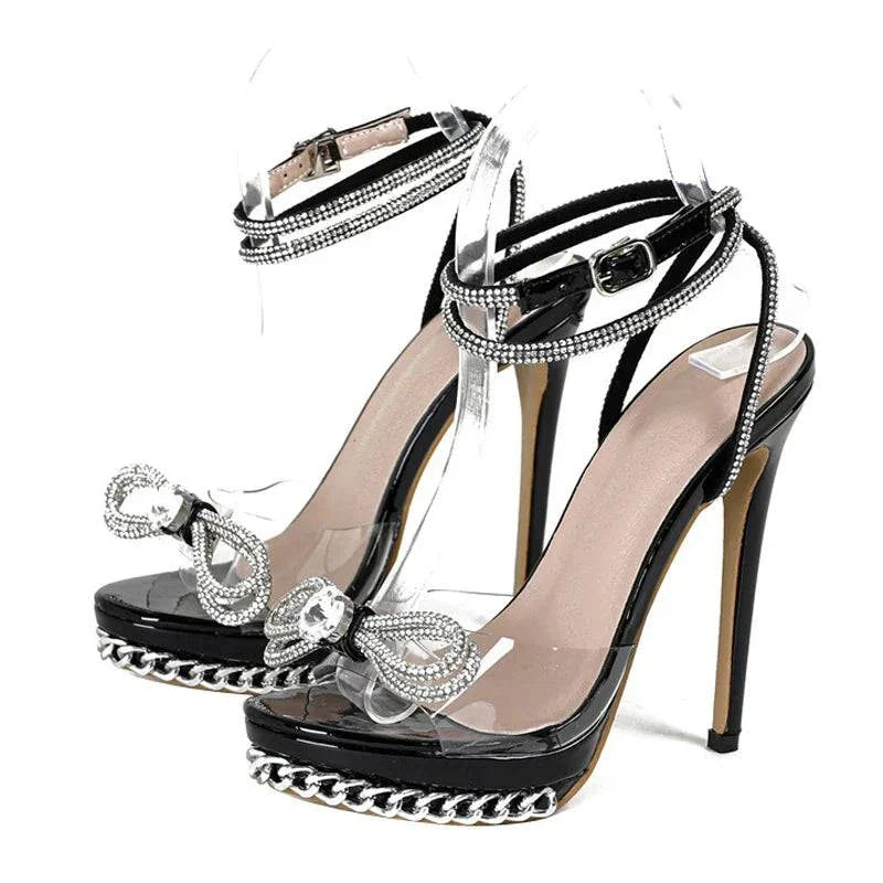 VougeVamp Crystal Bowknot Transparent Sandals - Silver Chain High Heel Platform Shoes for Women