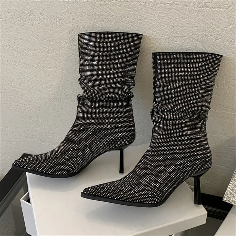 Handmade Rhinestone-Embellished Pointed Toe Ankle Boots for Women - Sexy Thin High Heels Booties - VougeVampUK
