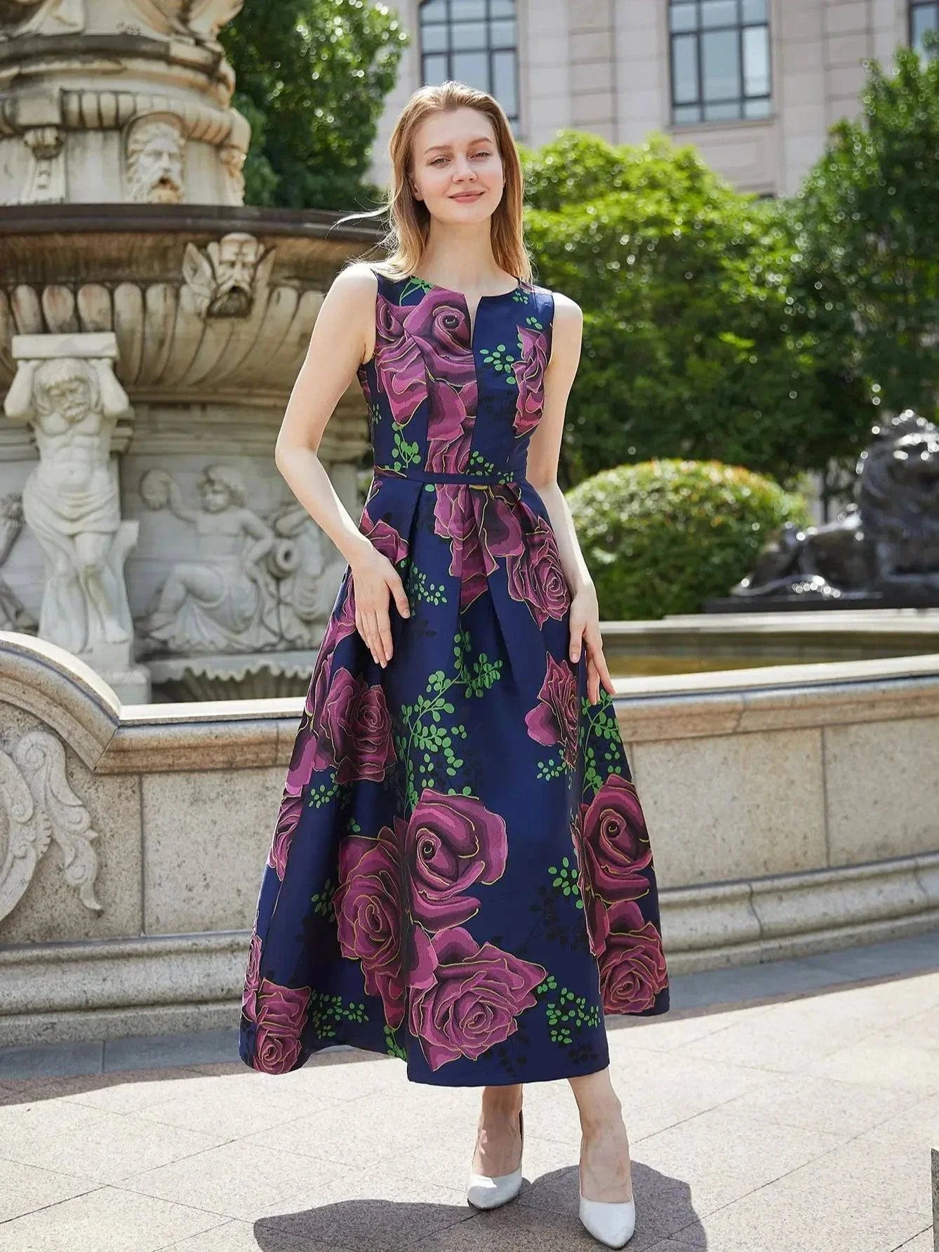 VougeVamp Elegant Women Long Maxi Jacquard Dress - Sleeveless Boho Floral Vintage Party Gown - VougeVampUK